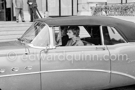 Françoise Sagan arriving for the rehearsal of Ballet "Le rendez-vous manqué". Written by Françoise Sagan, directed by Roger Vadim, décor by Bernard Buffet. Hotel de Paris, Monte Carlo 1957. 1956 Buick Super 56-C convertible. - Photo by Edward Quinn