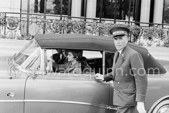 Françoise Sagan arriving for the rehearsal of Ballet "Le rendez-vous manqué". Written by Françoise Sagan, directed by Roger Vadim, décor by Bernard Buffet. Hotel de Paris, Monte Carlo 1957. Car: 1956 Buick Super 56-C convertible. - Photo by Edward Quinn