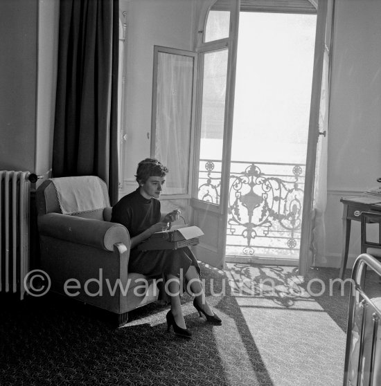 When Françoise Sagan became famous, having written "Bonjour Tristesse", she went to live at Cannes in a room at the Carlton Hotel and worked there on her novel "Un certain Sourire". Cannes 1954. - Photo by Edward Quinn