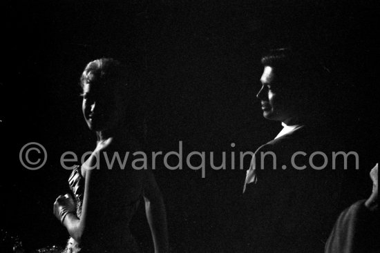 Romy Schneider, the belle of the 1957. Cannes Film Festival with her co-star Karlheinz Böhm, at the screening of their film, "Sissi, l'lmperatrice", on the last night of the Festival. - Photo by Edward Quinn