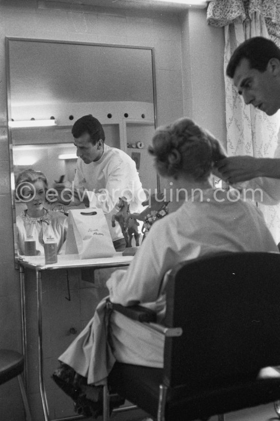 Romy Schneider at the hairdresser. Cannes Film Festival 1957. - Photo by Edward Quinn