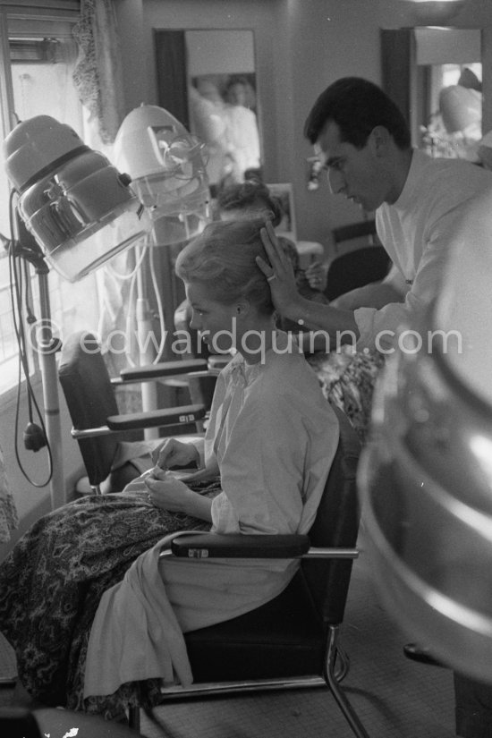 Romy Schneider at the hairdresser. Cannes Film Festival 1957. - Photo by Edward Quinn