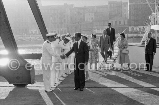 The Shah of Persia and Soraya with the crew of Yacht Chashvar. Nice 1957. - Photo by Edward Quinn