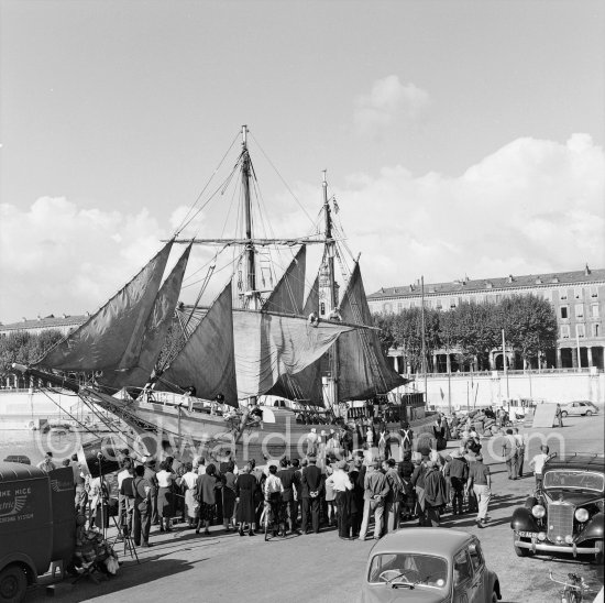 Ship in the harbor of Nice for filming of "Le Comte de Monte-Cristo" ("The Count of Monte Cristo") Nice 1953. Car: Mercedes-Benz 260D Pullmann 1938 - Photo by Edward Quinn