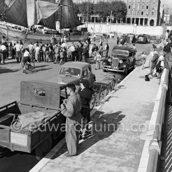 Ship in the harbor of Nice for filming of "Le Comte de Monte-Cristo" ("The Count of Monte Cristo") Nice 1953. Car: Mercedes-Benz 260D Pullmann 1938 - Photo by Edward Quinn