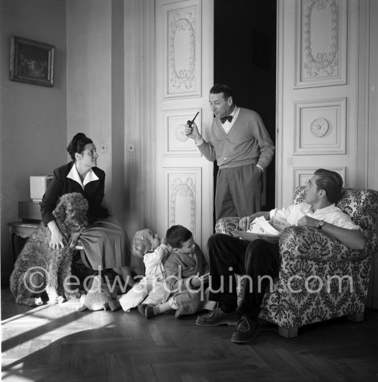 Georges Simenon with his family: wife Denise, children Marie-Jo (2), Jean (6), and Marc (16), and poodle Mister. Cannes 1955. - Photo by Edward Quinn