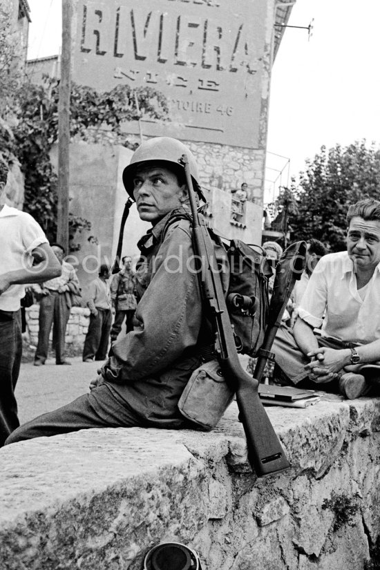 Lt. Sam Loggins (Frank Sinatra) on the set of the film "Kings Go Forth" in the village of Tourrettes-sur-Loup, 1957. - Photo by Edward Quinn