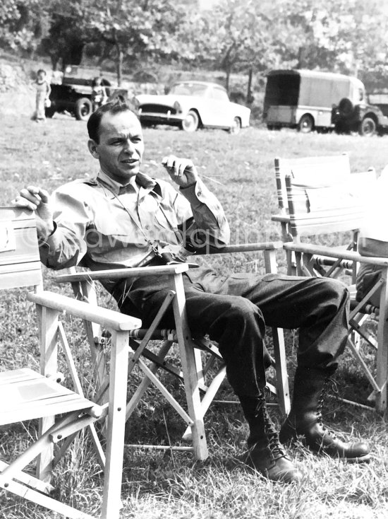 Lt. Sam Loggins (Frank Sinatra) on the set of the film "Kings Go Forth" in the village of Tourrettes-sur-Loup, 1957. - Photo by Edward Quinn