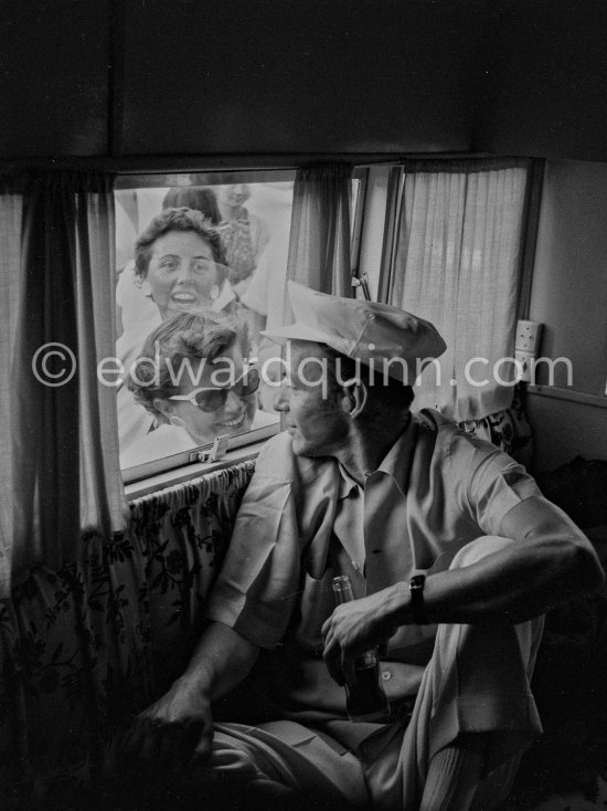 Frank Sinatra in his camper during filming of “Kings Go Forth”. Roquebrune, 1957. - Photo by Edward Quinn