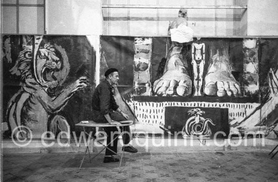 Graham Sutherland works on curtains for Coventry Cathedral. Menton, date unknown - Photo by Edward Quinn