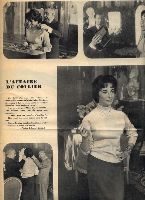 Attended by Cartier jewellers Liz Taylor tries on a beautiful diamond necklace with matching earrings she spotted while window-shopping in Monte Carlo with her third husband Mike Todd. At $500,000, the necklace was beyond Todd’s budget, but the earrings were her consolation prize. Monte Carlo 1958. Source: Magazine Images du Monde, the edition of 21/02/1958 - Photo by Edward Quinn