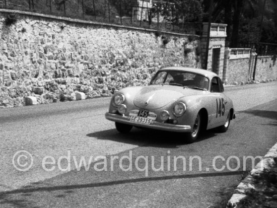 Nadège Ferrier (CH) - Alicia Paolozzi (CH), Porsche 356 Carrera, 12th. Tour de France de l\'Automobile 1958, Grande Corniche, Nice. - Photo by Edward Quinn