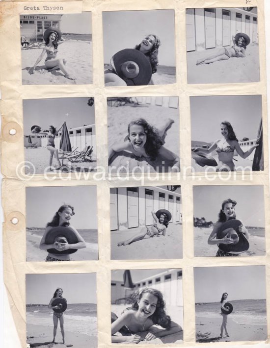 Pin-up Greta Thysegen. Cannes 1951. “Miss Copenhagen”. She went to Hollywood and changed her name to Thyssen. Contact prints. Photos from original negatives available. - Photo by Edward Quinn