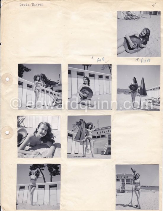 Pin-up Greta Thysegen. Cannes 1951. “Miss Copenhagen”. (also Thyssen , Thygesen, Thyssegen). Contact prints. Photos from original negatives available. - Photo by Edward Quinn