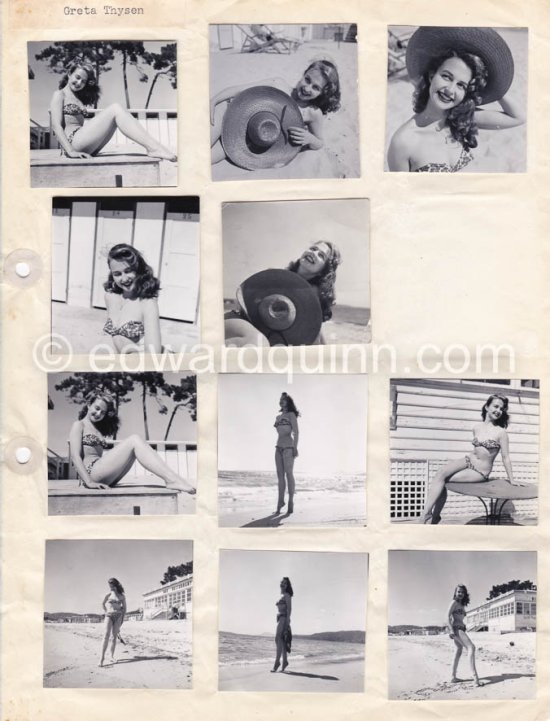 Pin-up Greta Thysegen. Cannes 1951. “Miss Copenhagen”. (also Thyssen , Thygesen, Thyssegen). Contact prints. Photos from original negatives available. - Photo by Edward Quinn