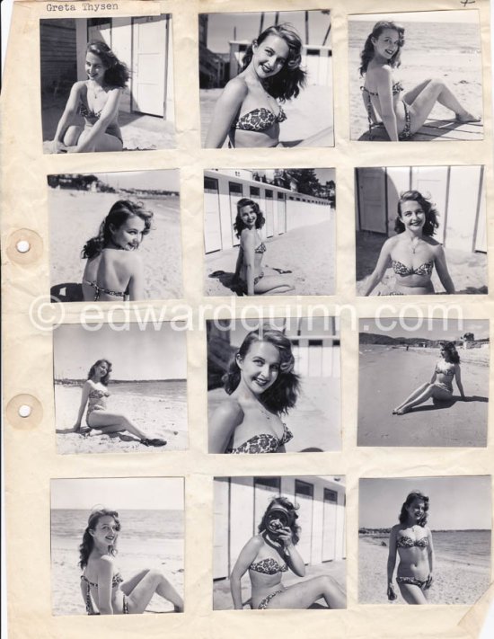 Pin-up Greta Thysegen. Cannes 1951. “Miss Copenhagen”. (also Thyssen , Thygesen, Thyssegen). Contact prints. Photos from original negatives available. - Photo by Edward Quinn