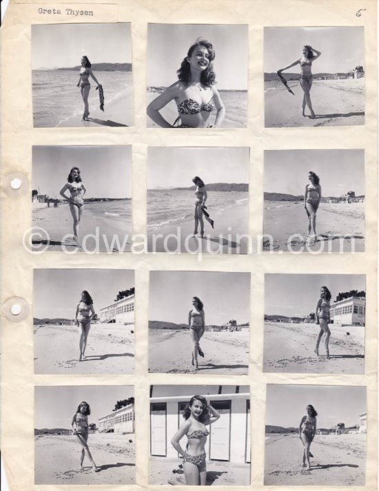 Pin-up Greta Thysegen. Cannes 1951. “Miss Copenhagen”. (also Thyssen , Thygesen, Thyssegen). Contact prints. Photos from original negatives available. - Photo by Edward Quinn