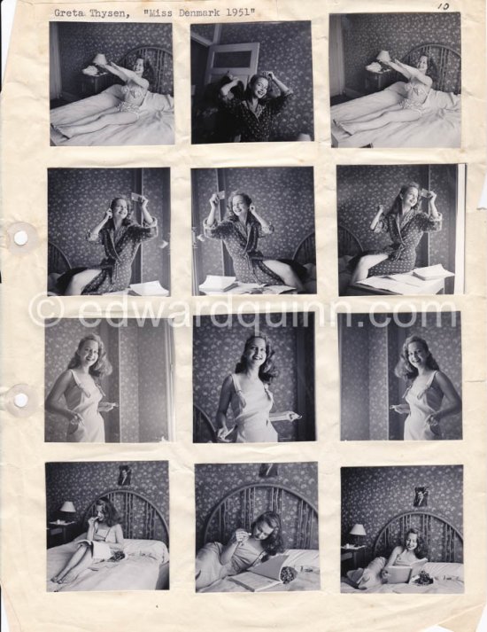 Pin-up Greta Thysegen. Cannes 1951. “Miss Copenhagen”. (also Thyssen , Thygesen, Thyssegen). Contact prints. Photos from original negatives available. - Photo by Edward Quinn