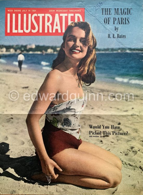 UK Illustrated Magazine Cover 1951. Pin-up Greta Thysegen. Cannes 1951. “Miss Copenhagen”. (also Thyssen , Thygesen, Thyssegen). - Photo by Edward Quinn