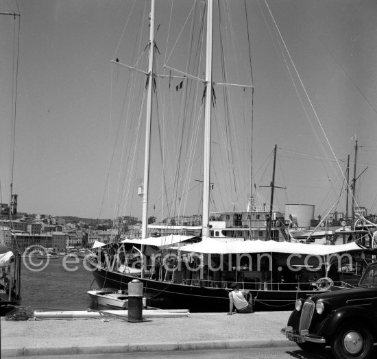 Yacht, not yet identified. Antibes harbor 1952. - Photo by Edward Quinn
