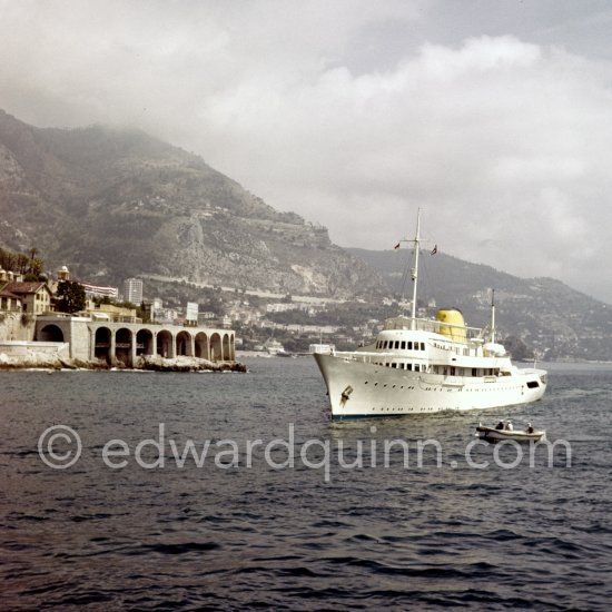 Yacht Christina of Aristotle Onassis. Monaco harbor 1957. - Photo by Edward Quinn