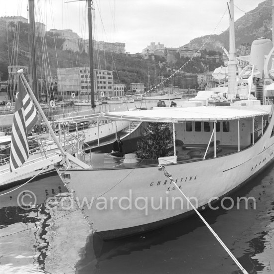 Christmas tree on Onassis\' Yacht Christina. Monaco harbor 1959. - Photo by Edward Quinn