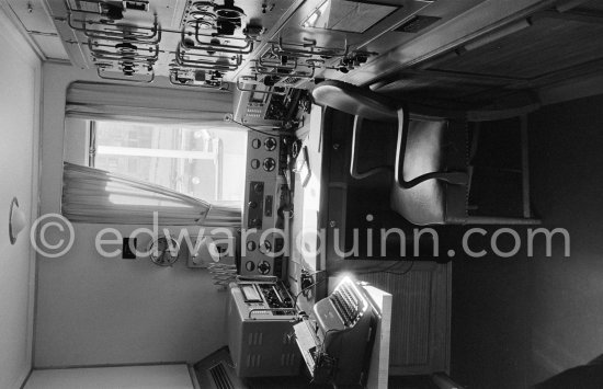 Radio officer\'s room on board Onassis\' yacht Christina. Monaco harbor 1955. - Photo by Edward Quinn