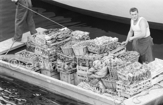 Food supply. Yacht Christina of Aristotle Onassis. Monaco harbor 1959. - Photo by Edward Quinn