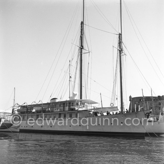 Prince Rainier\'s luxury yacht Deo Juvante II anchored in Monaco harbor, 1953. - Photo by Edward Quinn