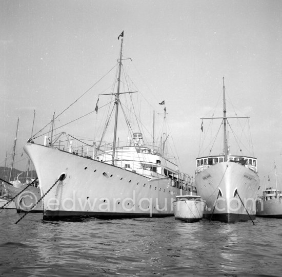 Huong Giang (River of Scents), former Maid Marion, the yacht of the Emperor Bao-Dai of Vietnam. Left: Yacht Shemara of Sir Bernard Docker and his wife Lady Norah. Monaco 1954. - Photo by Edward Quinn