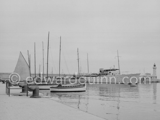 Yacht Trenora being built by Thornycrofts. Monaco harbor 1954. This yacht was ordered by a ‘distinguished English Surgeon in Paris’ named Mr Gerald Stanley. Monaco harbor 1954. - Photo by Edward Quinn