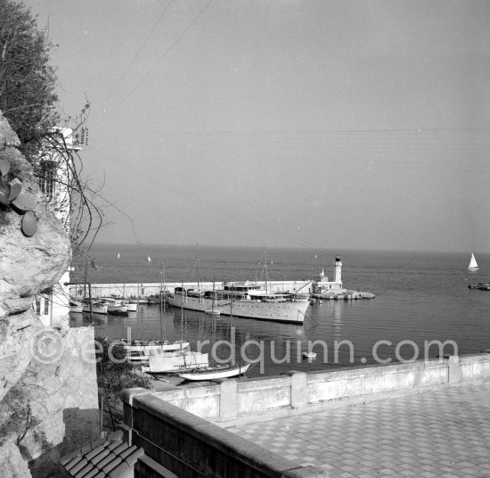 Yacht Trenora being built by Thornycrofts. Monaco harbor 1954. This yacht was ordered by a ‘distinguished English Surgeon in Paris’ named Mr Gerald Stanley. Monaco harbor 1954. - Photo by Edward Quinn
