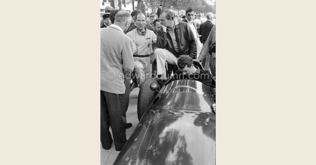 From left Stirling Moss, Colin Chapman, founder of Lotus Cars, Jo