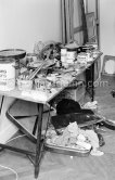 Painting utensils of Francis Bacon at his studio in Paris, rue de Birague, 1979. - Photo by Edward Quinn