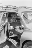 Not much room – but so much fun. Lady Clementine Churchill during her holiday on the Riviera. Beau-Vallon 1954. Car: 1951 Renault 4CV Affaires - Photo by Edward Quinn