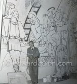 Jean Cocteau working on the mural of the Chapelle Saint Pierre. Villefranche-sur-Mer 1956. - Photo by Edward Quinn