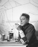 Jean Cocteau at Villa Santo Sospir of his close friend Francine Weisweiller in front of one of the murals he made for the interior walls. Saint-Jean-Cap-Ferrat 1954. - Photo by Edward Quinn