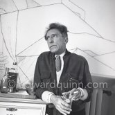 Jean Cocteau at Villa Santo Sospir of his close friend Francine Weisweiller in front of one of the murals he made for the interior walls. Saint-Jean-Cap-Ferrat 1954. - Photo by Edward Quinn