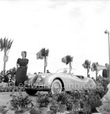 Concours d’Elégance Automobile. Jaguar XK 120 of Mr. Owen won Grand Prix and with Mlle Janine Vincent also won "Prix de la plus jolie toilette de jeune fille" (price for the best teenage frock). Cannes 1951. - Photo by Edward Quinn