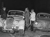 Prince Philip, Duke of Edinburgh with his aunt, Nadejda Mountbatten, Marchioness of Milford Haven, and Mr. Felix after a dinner at the famous restaurant "Felix". Cannes 1955. Cars: 1949-51 Riley RMD Drophead; 1949-52 Renault 4CV - Photo by Edward Quinn