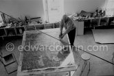 Max Ernst working on the painting "Schwalbennest". Seillans 1966. - Photo by Edward Quinn
