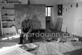 Max Ernst. Behind him the painting "Tremblement de terre printanier". Seillans 1966 - Photo by Edward Quinn