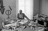 Max Ernst working on sculpture "L'oiseau Janus" ("Vogel Janus") at his studio in Paris 1974. - Photo by Edward Quinn