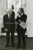 Max Ernst and Werner Spies at the opening of the exhibition "Dorothea Tanning: Oeuvre" (retrospective), Centre National d'Art Contemporain CNAC, Paris, May 28 - July 8, 1974. With sculptures by Dorothea Tanning. - Photo by Edward Quinn