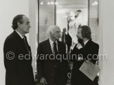 Max Ernst and Werner Spies at the opening of the exhibition "Dorothea Tanning: Oeuvre" (retrospective), person on the left not yet identified. Centre National d'Art Contemporain, Paris, May 28 - July 8, 1974. - Photo by Edward Quinn