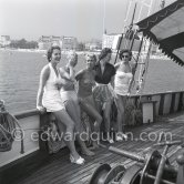 British ashion models cruising along the Côte d'Azur on board the yacht Bonaventura. Cannes 1955. - Photo by Edward Quinn