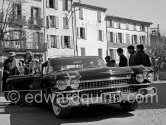 French actor Fernandel during filming of "Crésus" ("Croesus"). Forcalquier, Alpes-de-Haute-Provence 1960. Car: 1959 Cadillac Series 62 style 6239 four-window sedan or 6339 four-window sedan de Ville - Photo by Edward Quinn