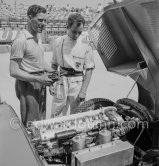 Stirling Moss and a mechanic. Jaguar C-Type (82) of Tommy Wisdom. Monaco Grand Prix 1952, transformed into a race for sports cars. This was a two day event, the Sunday for the up to 2 litres (Prix de Monte Carlo), the Monday for the bigger engines, (Monaco Grand Prix). - Photo by Edward Quinn