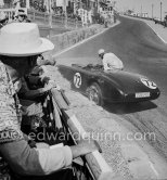 The accident at Sainte-Dévote: Reg Parnell, (72) Aston Martin DB3. The Aston engine of Parnell blows up in the Ste-Devote and aligns his car against the straw bales, Stagnoli brakes too hard and does a double spin. Moss, Jaguar C-Type XKC 003 and Manzon find an obstructed road, spin and end up against the poor Aston, then Hume spins and reverses into the pile. Lucky nobody gets hurt. Moss restarted after the accident, but got a black flag for receiving outside help. Monaco Grand Prix 1952, transformed into a race for sports cars. This was a two day event, the Sunday, Prix Monte Carlo, for the up to 2 litres (Prix de Monte Carlo), the Grand Prix, Monday for the bigger engines, (Monaco Grand Prix). - Photo by Edward Quinn