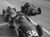 Ron Flockhart in the car of Roy Salvadori, B.R.M. (8) (Salvadori was not qualified). Cars of Harry Schell, (38) and Juan Manuel Fangio, (32), both Maserati 250F. Monaco Grand Prix 1957. - Photo by Edward Quinn
